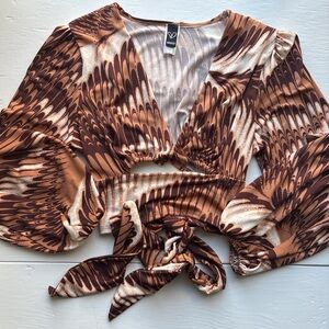 Windsor 90s Y2K Brown Abstract V Neck Tie-Back Long Sleeve Retro Crop Top M